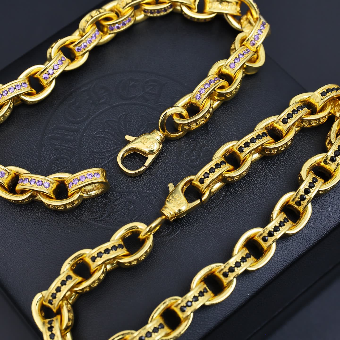 Chrome Hearts Gold Bracelet with Black and Purple Stones